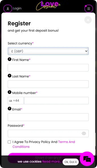 Love Casino register form